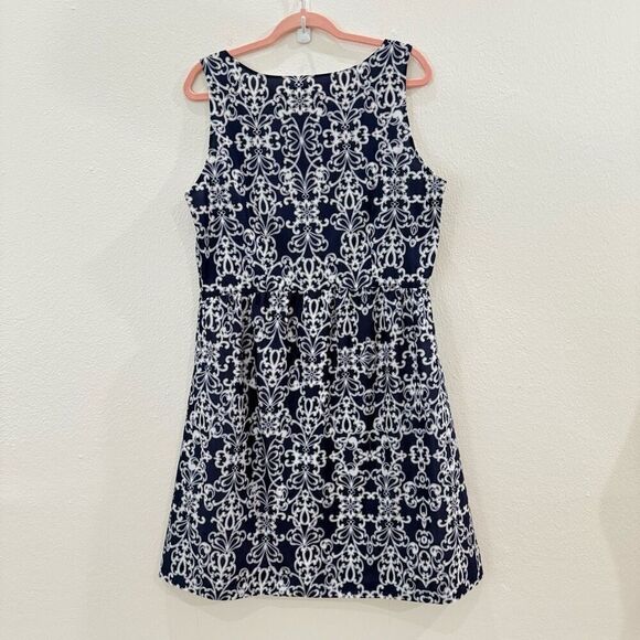 Garnet Hill Sleeveless Cotton Print Dress Navy/White Women’s Size 14 Zipper - Picture 4 of 9